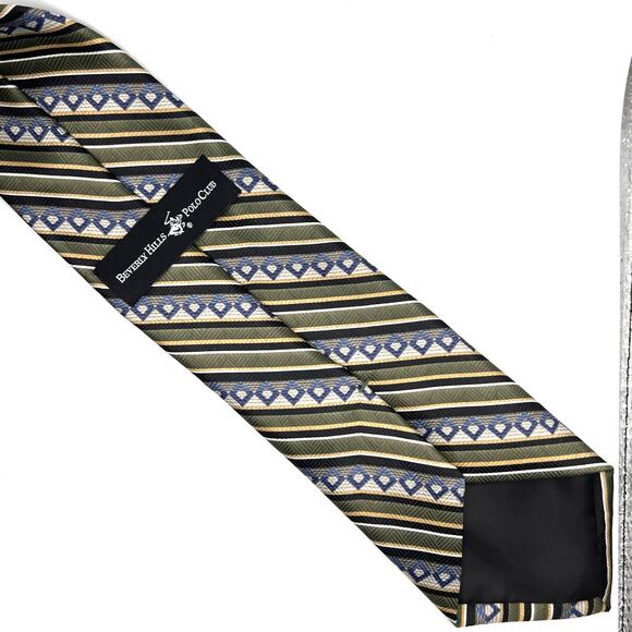Beverly Hills Polo Club - Men's Tie - Repp Stripe- Green Blue Tan -56" Long - Picture 2 of 5